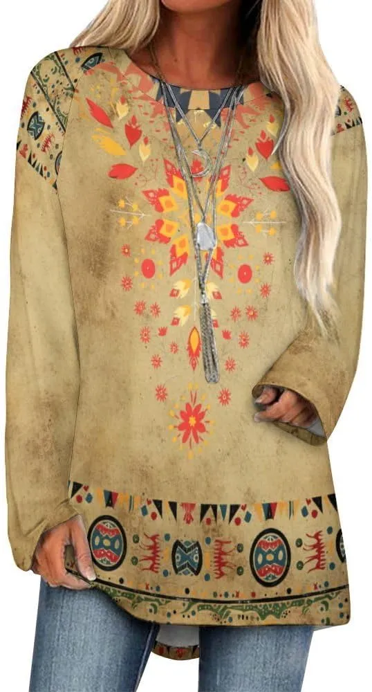 Long Sleeve Shirts for Women Aztec Pullover TopsAmerican Clothing Fall Comfy Fashion Boho Tops for Women