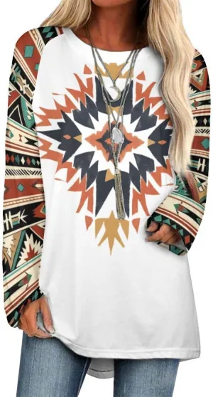 Long Sleeve Shirts for Women Aztec Pullover TopsAmerican Clothing Fall Comfy Fashion Boho Tops for Women