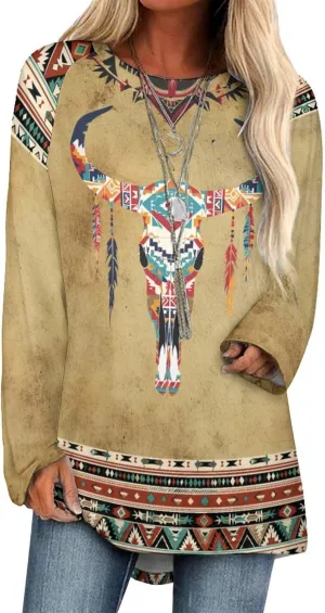 Long Sleeve Shirts for Women Aztec Pullover TopsAmerican Clothing Fall Comfy Fashion Boho Tops for Women