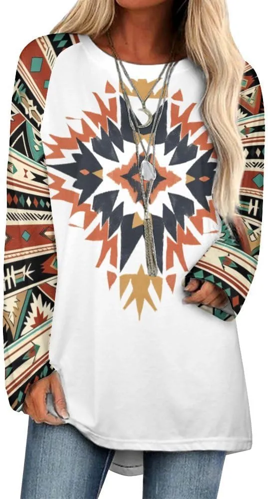Long Sleeve Shirts for Women Aztec Pullover TopsAmerican Clothing Fall Comfy Fashion Boho Tops for Women