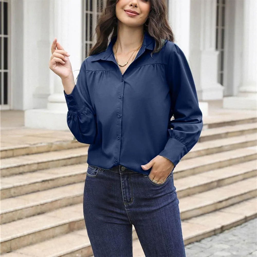 Long Sleeve Shirts for Women Collared Button Down V Neck Blouses Plain Daily Basic Tees Work Dressy Casual Tops