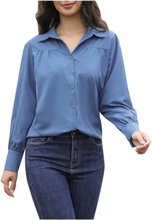 Long Sleeve Shirts for Women Collared Button Down V Neck Blouses Plain Daily Basic Tees Work Dressy Casual Tops