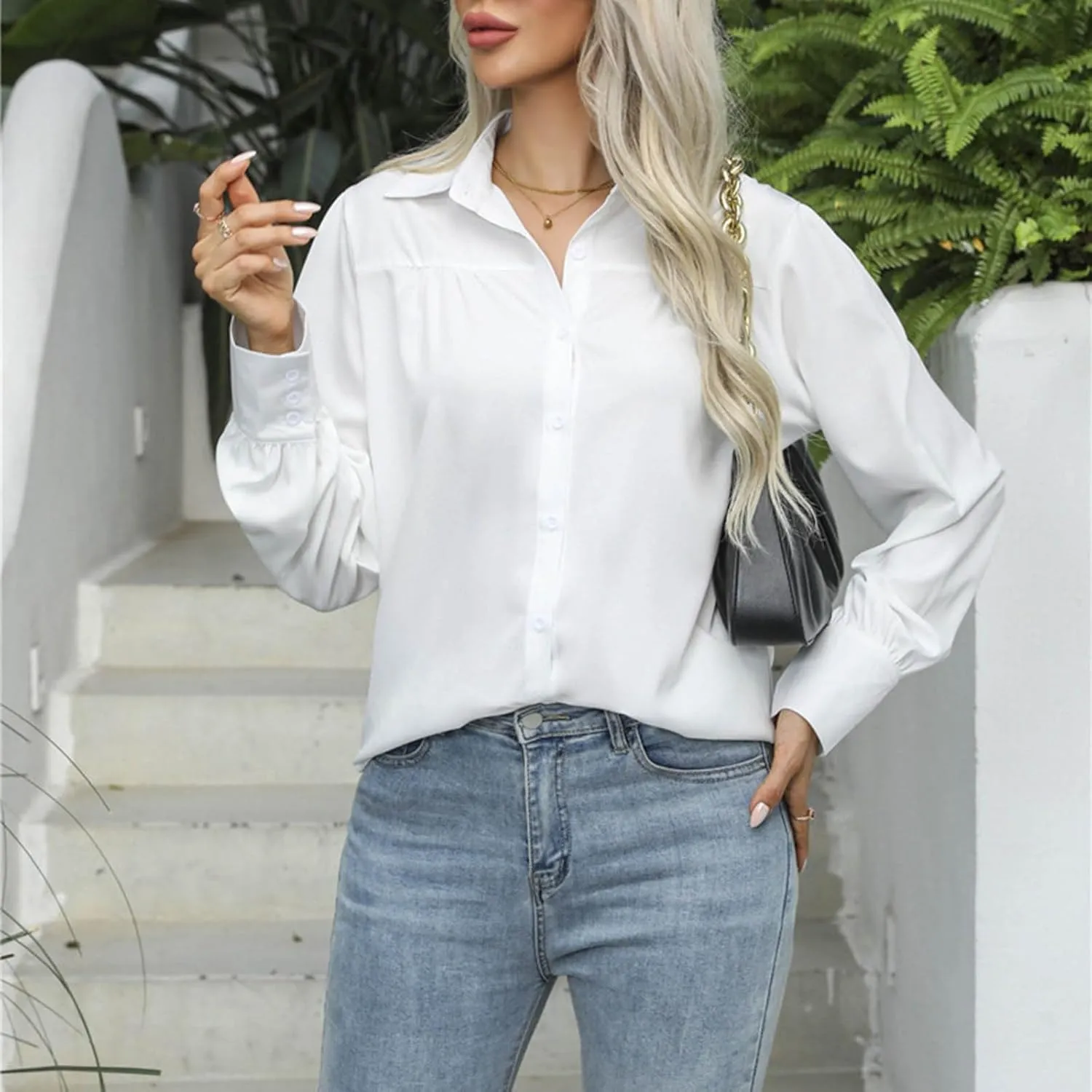 Long Sleeve Shirts for Women Collared Button Down V Neck Blouses Plain Daily Basic Tees Work Dressy Casual Tops