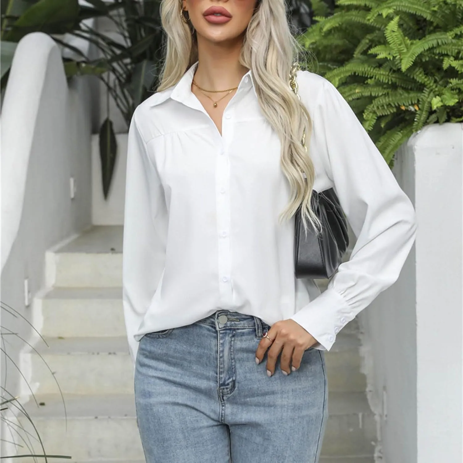 Long Sleeve Shirts for Women Collared Button Down V Neck Blouses Plain Daily Basic Tees Work Dressy Casual Tops