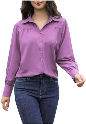 Long Sleeve Shirts for Women Collared Button Down V Neck Blouses Plain Daily Basic Tees Work Dressy Casual Tops