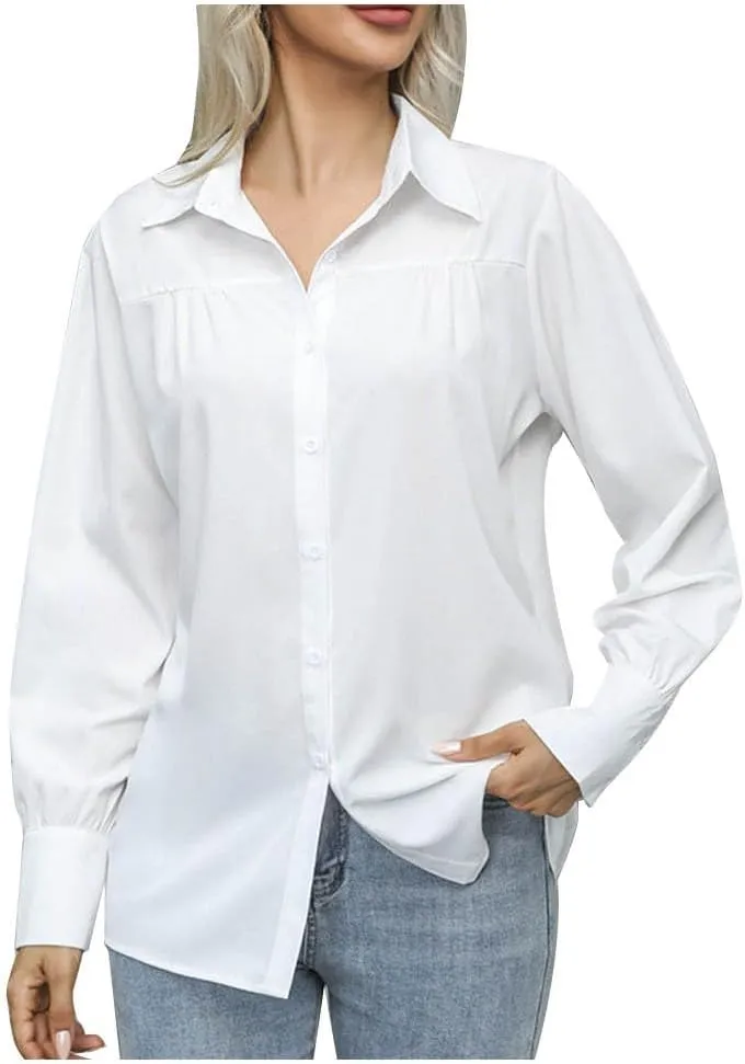 Long Sleeve Shirts for Women Collared Button Down V Neck Blouses Plain Daily Basic Tees Work Dressy Casual Tops