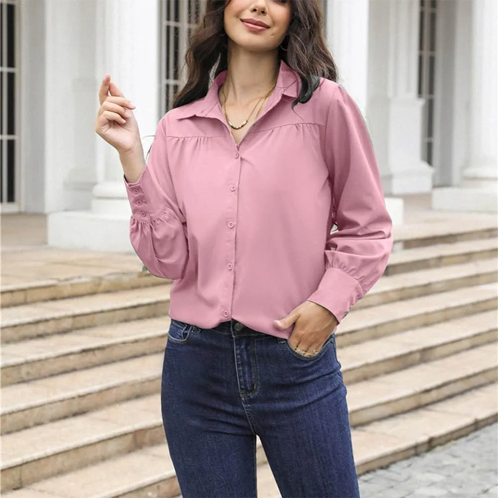 Long Sleeve Shirts for Women Collared Button Down V Neck Blouses Plain Daily Basic Tees Work Dressy Casual Tops