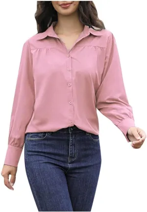 Long Sleeve Shirts for Women Collared Button Down V Neck Blouses Plain Daily Basic Tees Work Dressy Casual Tops