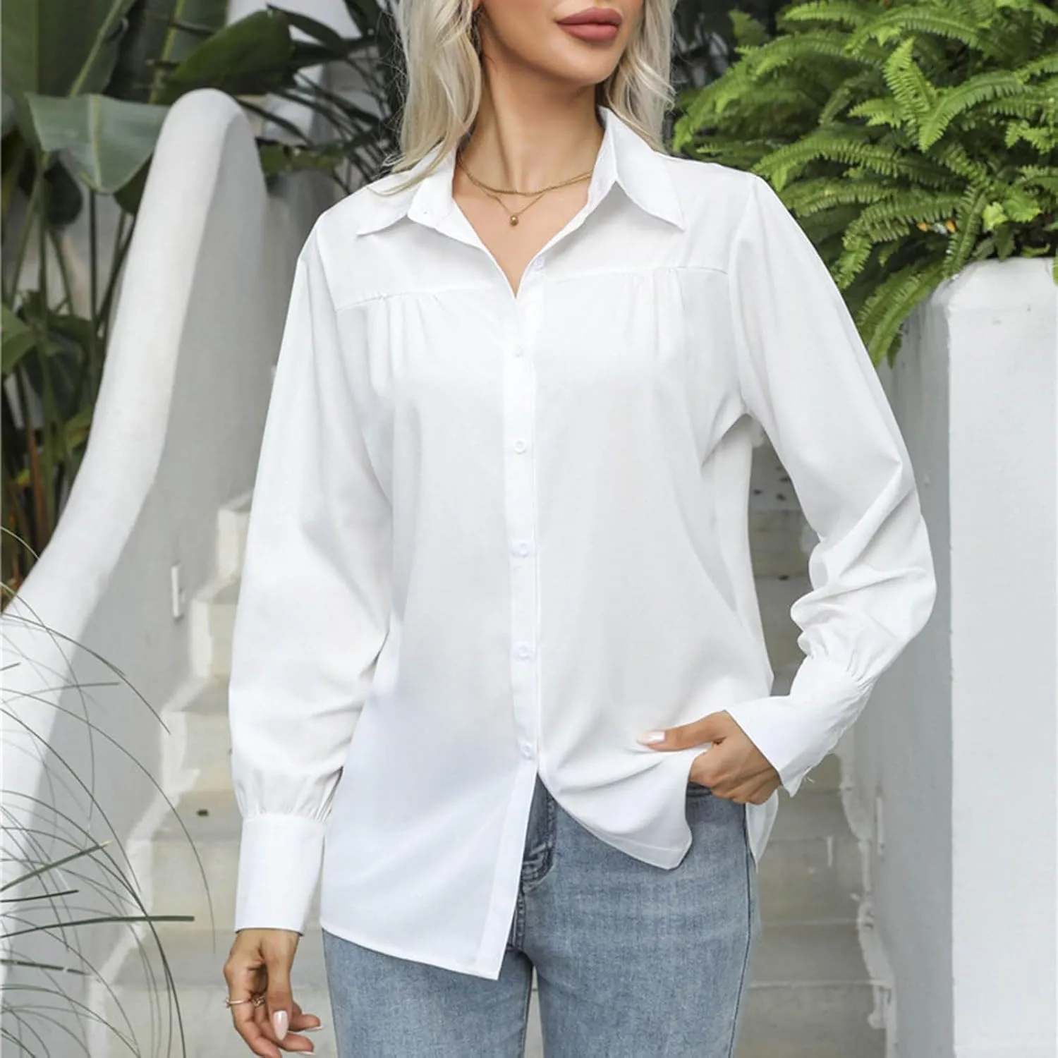 Long Sleeve Shirts for Women Collared Button Down V Neck Blouses Plain Daily Basic Tees Work Dressy Casual Tops