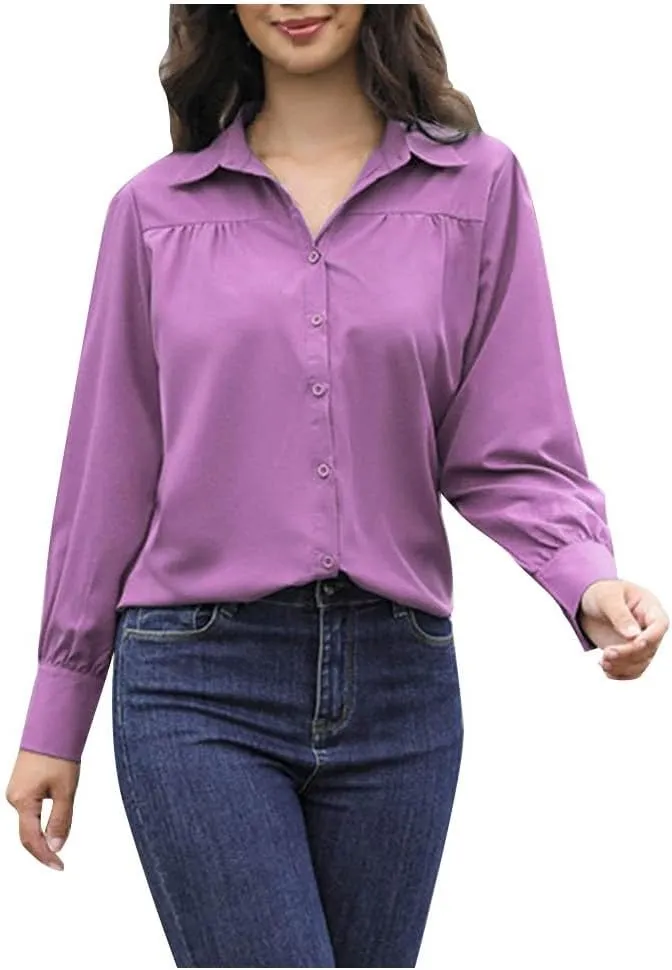 Long Sleeve Shirts for Women Collared Button Down V Neck Blouses Plain Daily Basic Tees Work Dressy Casual Tops