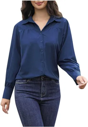 Long Sleeve Shirts for Women Collared Button Down V Neck Blouses Plain Daily Basic Tees Work Dressy Casual Tops