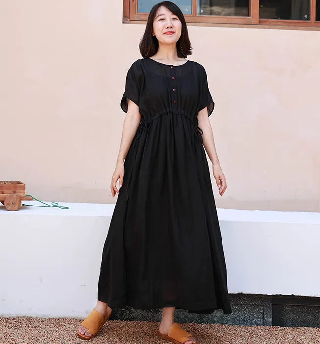 Loose Style Linen Summer long Women Dresses Short Sleeve 90423 YOU