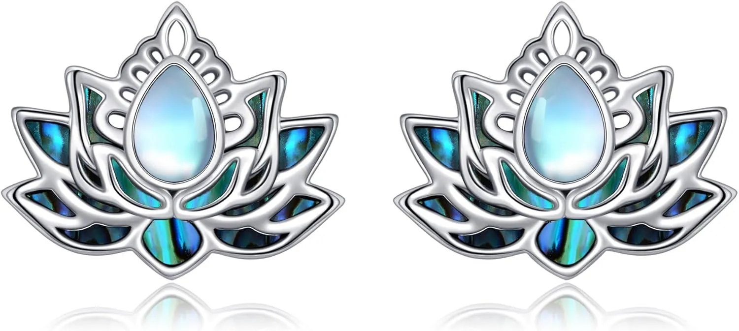 Lotus Stud Earrings 925 Sterling Silver Abalone Shell Moonstone Flower Jewelry Yoga Lotus Earrings for Women