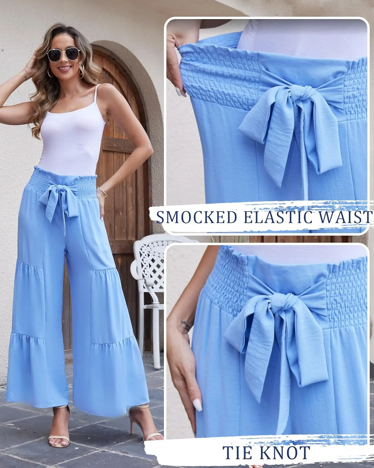 LOUSGUTA Palazzo Pants for Women Dressy Wide Leg Pants Brunch Vacation Outfits High Waisted Palazzo Flowy Trouser
