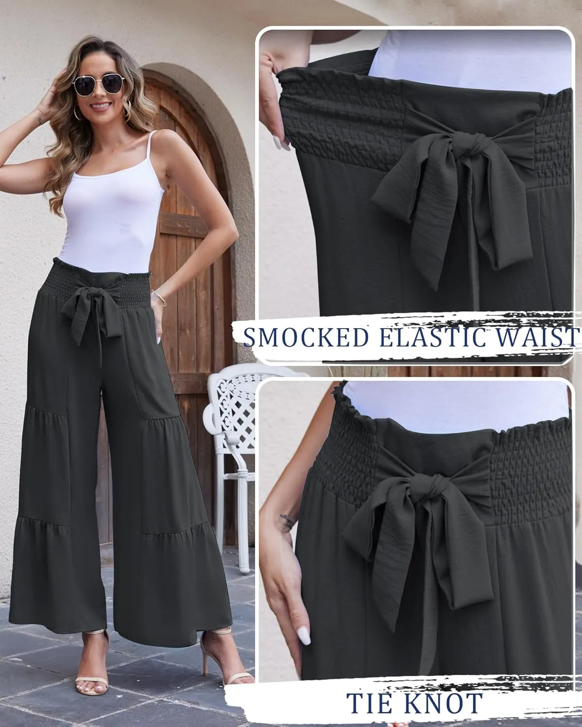 LOUSGUTA Palazzo Pants for Women Dressy Wide Leg Pants Brunch Vacation Outfits High Waisted Palazzo Flowy Trouser