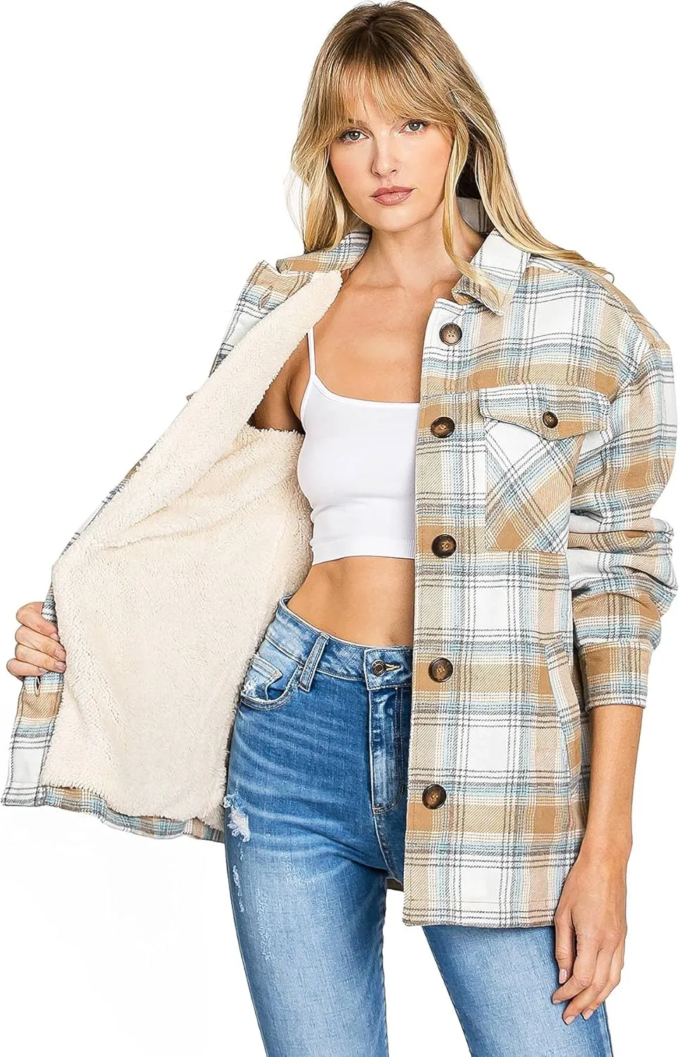 Love Tree Women's Cozy Soft Sherpa Coat Plaid Shacket