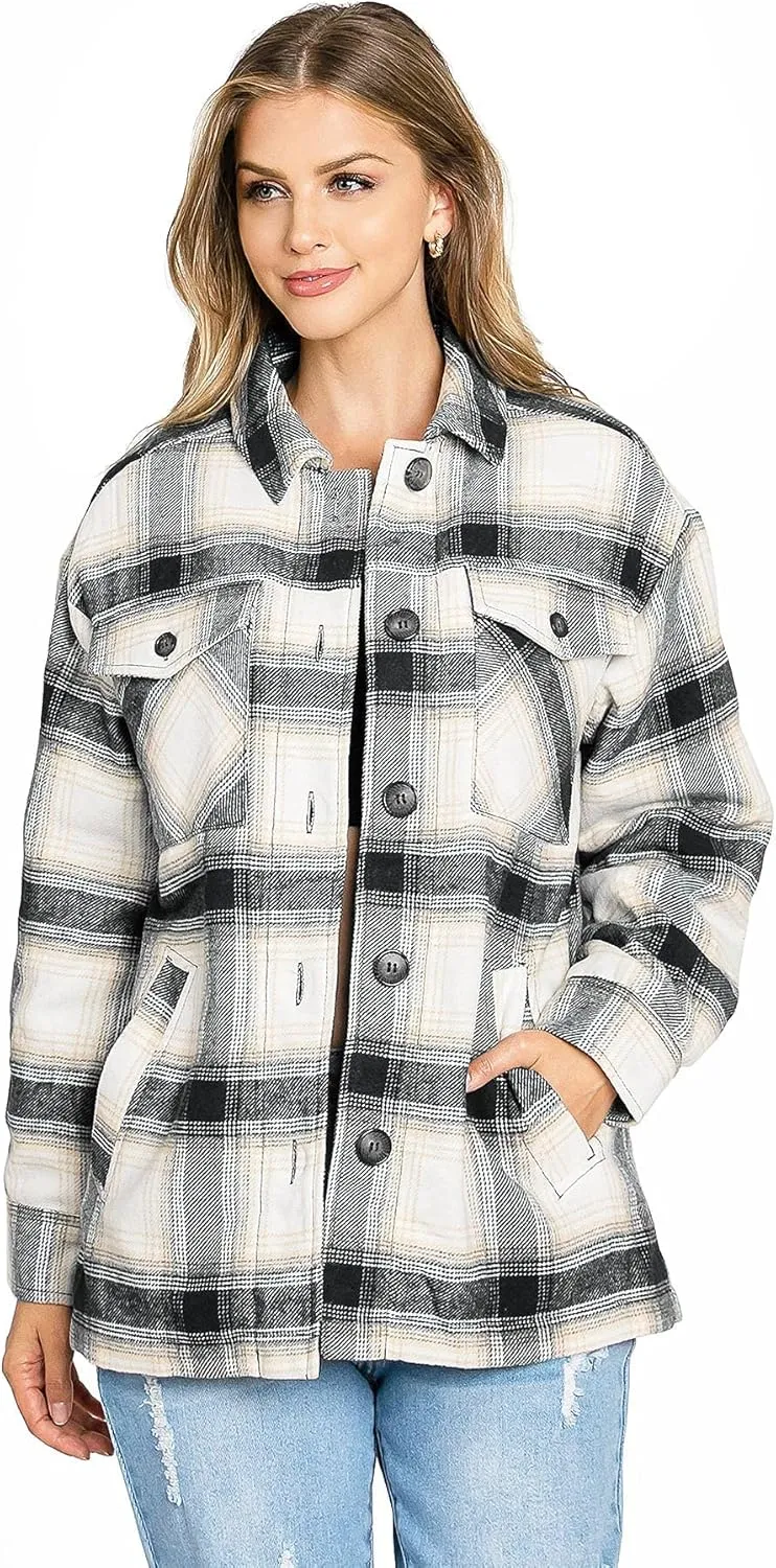Love Tree Women's Cozy Soft Sherpa Coat Plaid Shacket