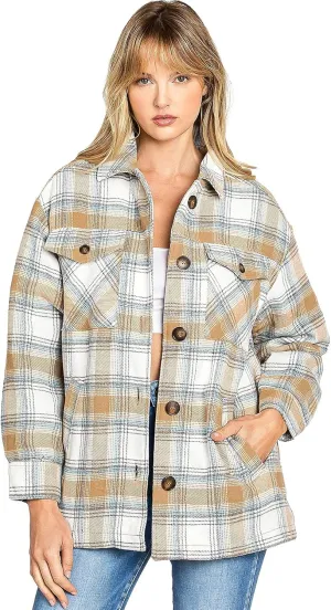 Love Tree Women's Cozy Soft Sherpa Coat Plaid Shacket