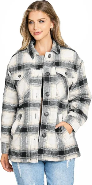 Love Tree Women's Cozy Soft Sherpa Coat Plaid Shacket