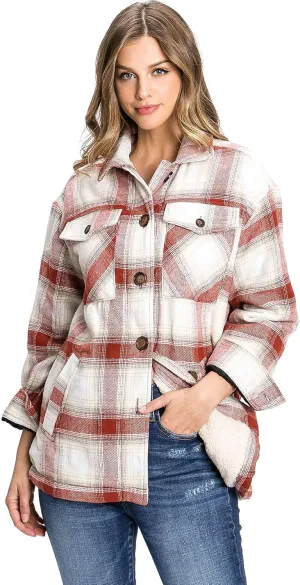 Love Tree Women's Cozy Soft Sherpa Coat Plaid Shacket