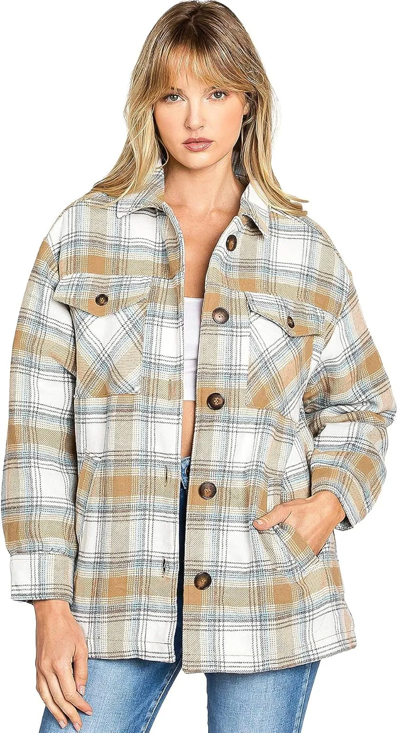 Love Tree Women's Cozy Soft Sherpa Coat Plaid Shacket