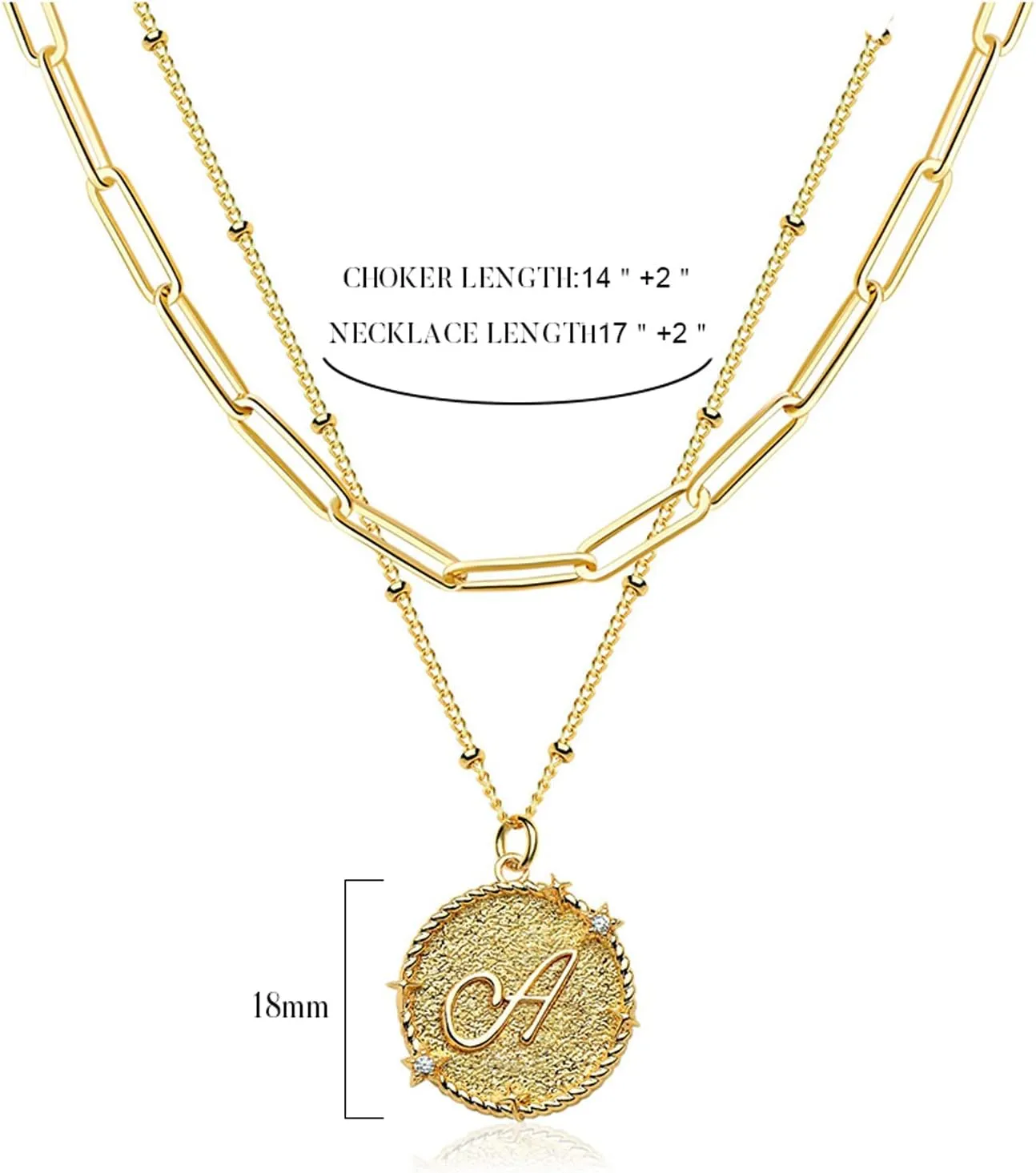 LOYATA Layered Choker Necklace Gold Star Initial Coin Pendant 2 Layer Diamond Cubic Zirconia 14K Gold Plated Dainty Satellite Paperclip Chain Personalized Jewelry Gift for Women Letter A-Z