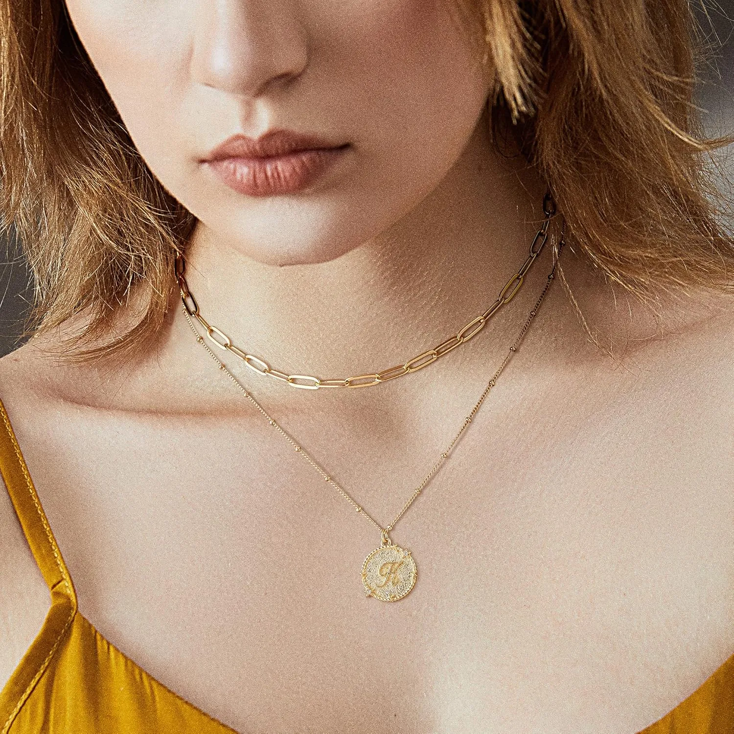 LOYATA Layered Choker Necklace Gold Star Initial Coin Pendant 2 Layer Diamond Cubic Zirconia 14K Gold Plated Dainty Satellite Paperclip Chain Personalized Jewelry Gift for Women Letter A-Z