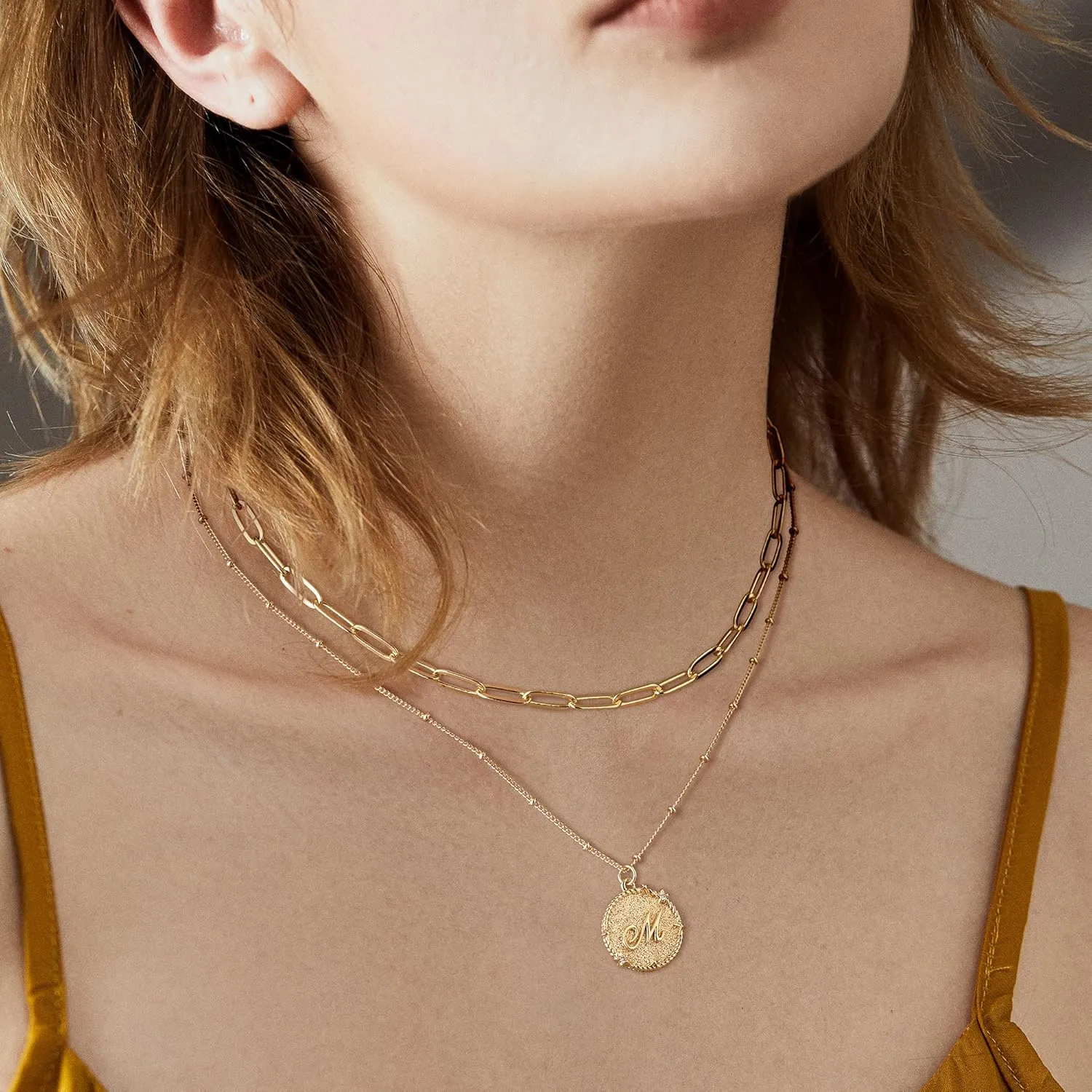 LOYATA Layered Choker Necklace Gold Star Initial Coin Pendant 2 Layer Diamond Cubic Zirconia 14K Gold Plated Dainty Satellite Paperclip Chain Personalized Jewelry Gift for Women Letter A-Z