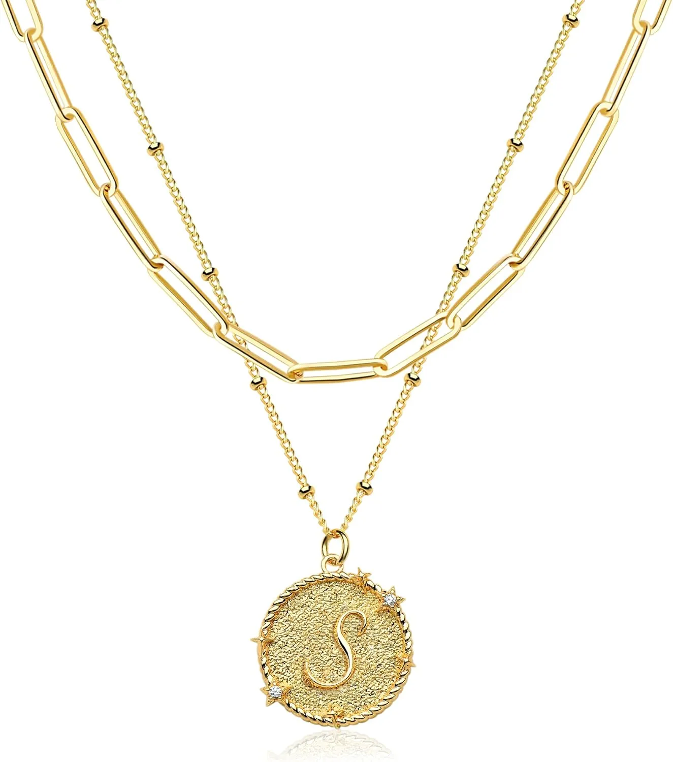 LOYATA Layered Choker Necklace Gold Star Initial Coin Pendant 2 Layer Diamond Cubic Zirconia 14K Gold Plated Dainty Satellite Paperclip Chain Personalized Jewelry Gift for Women Letter A-Z