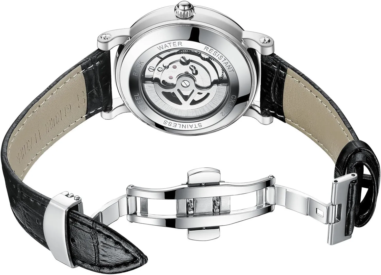 Luxury Mens Automatic Watch Luminous Starry Sky Dial Tourbillon Silver Stainless Steel Case Leather Strap 12/24 Hours Waterproof Moon Phase Watches