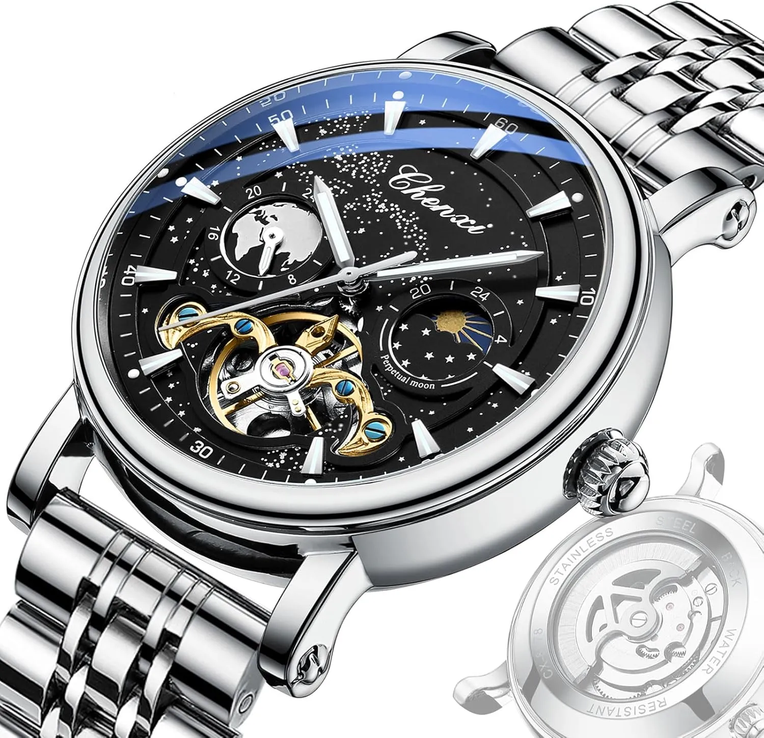 Luxury Mens Automatic Watch Luminous Starry Sky Dial Tourbillon Silver Stainless Steel Case Leather Strap 12/24 Hours Waterproof Moon Phase Watches