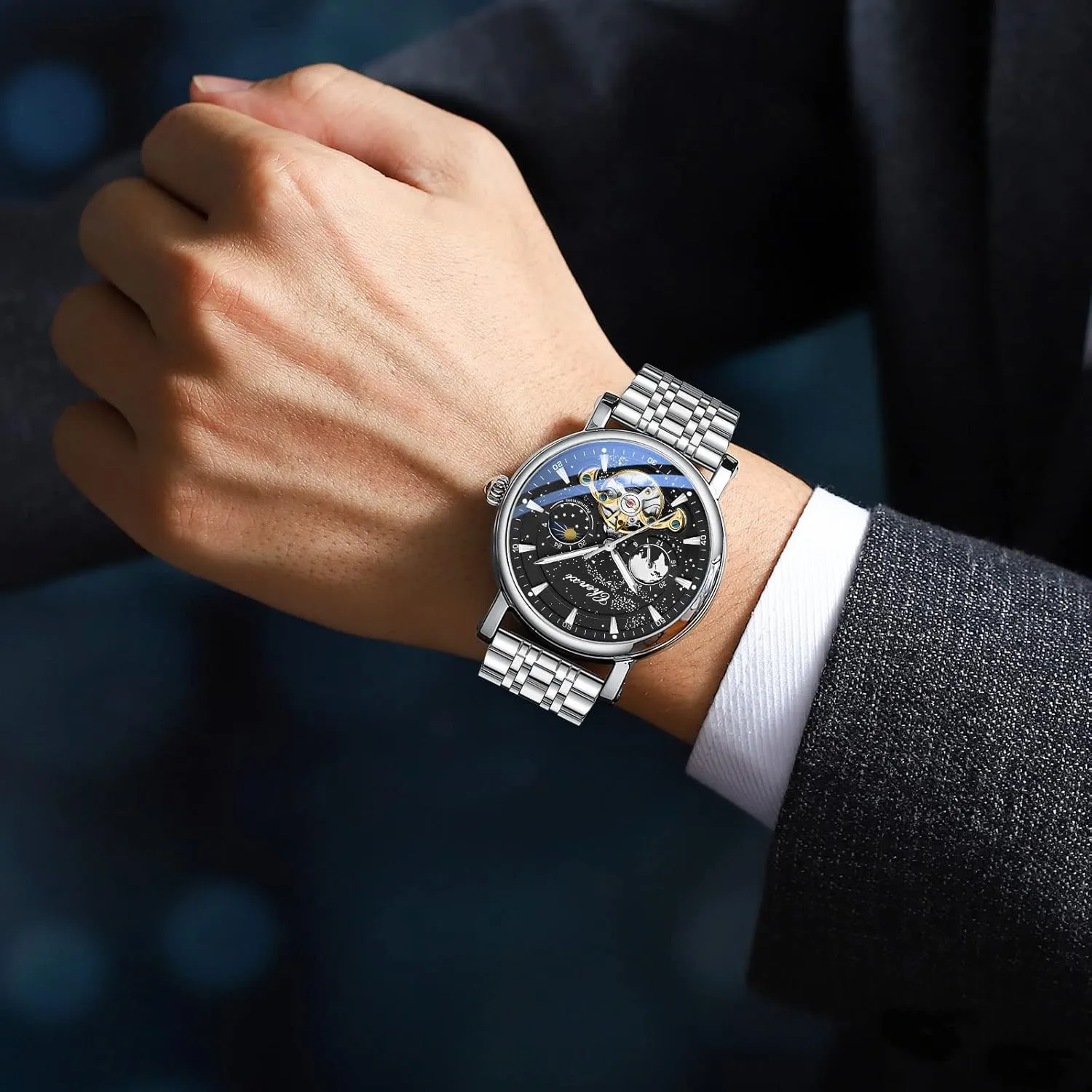 Luxury Mens Automatic Watch Luminous Starry Sky Dial Tourbillon Silver Stainless Steel Case Leather Strap 12/24 Hours Waterproof Moon Phase Watches