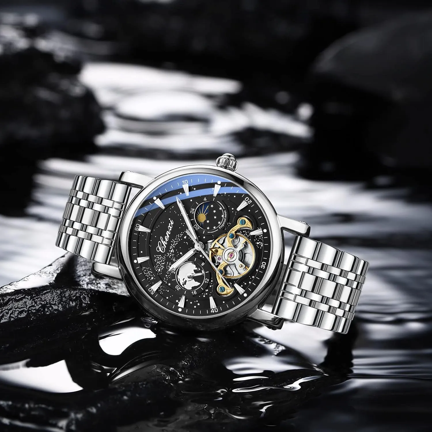 Luxury Mens Automatic Watch Luminous Starry Sky Dial Tourbillon Silver Stainless Steel Case Leather Strap 12/24 Hours Waterproof Moon Phase Watches