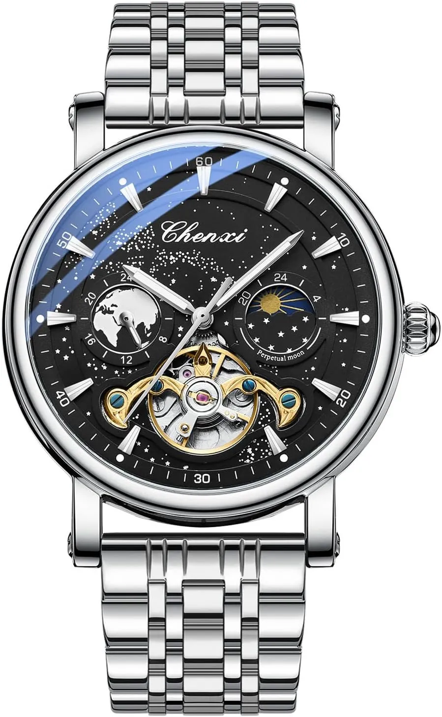 Luxury Mens Automatic Watch Luminous Starry Sky Dial Tourbillon Silver Stainless Steel Case Leather Strap 12/24 Hours Waterproof Moon Phase Watches