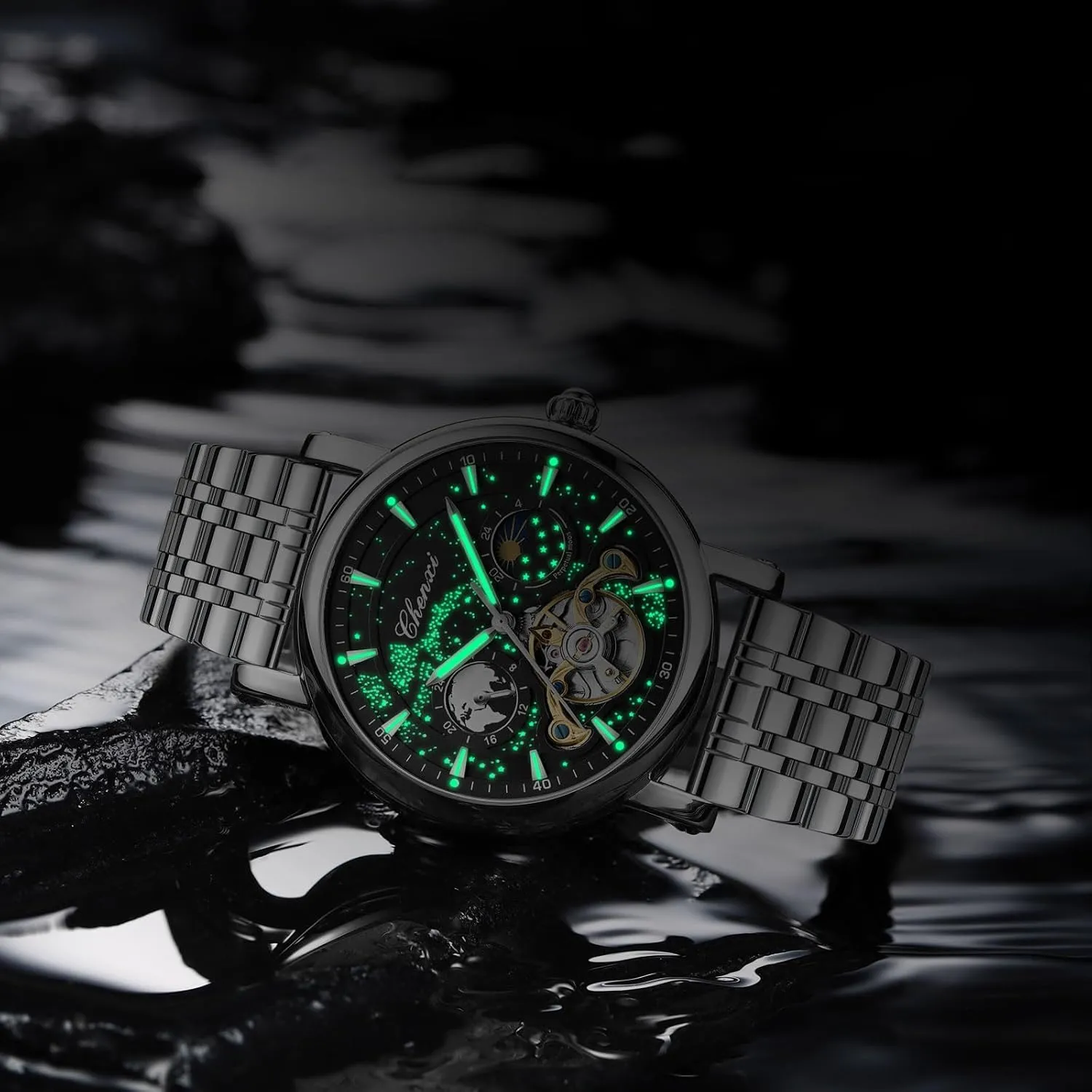 Luxury Mens Automatic Watch Luminous Starry Sky Dial Tourbillon Silver Stainless Steel Case Leather Strap 12/24 Hours Waterproof Moon Phase Watches