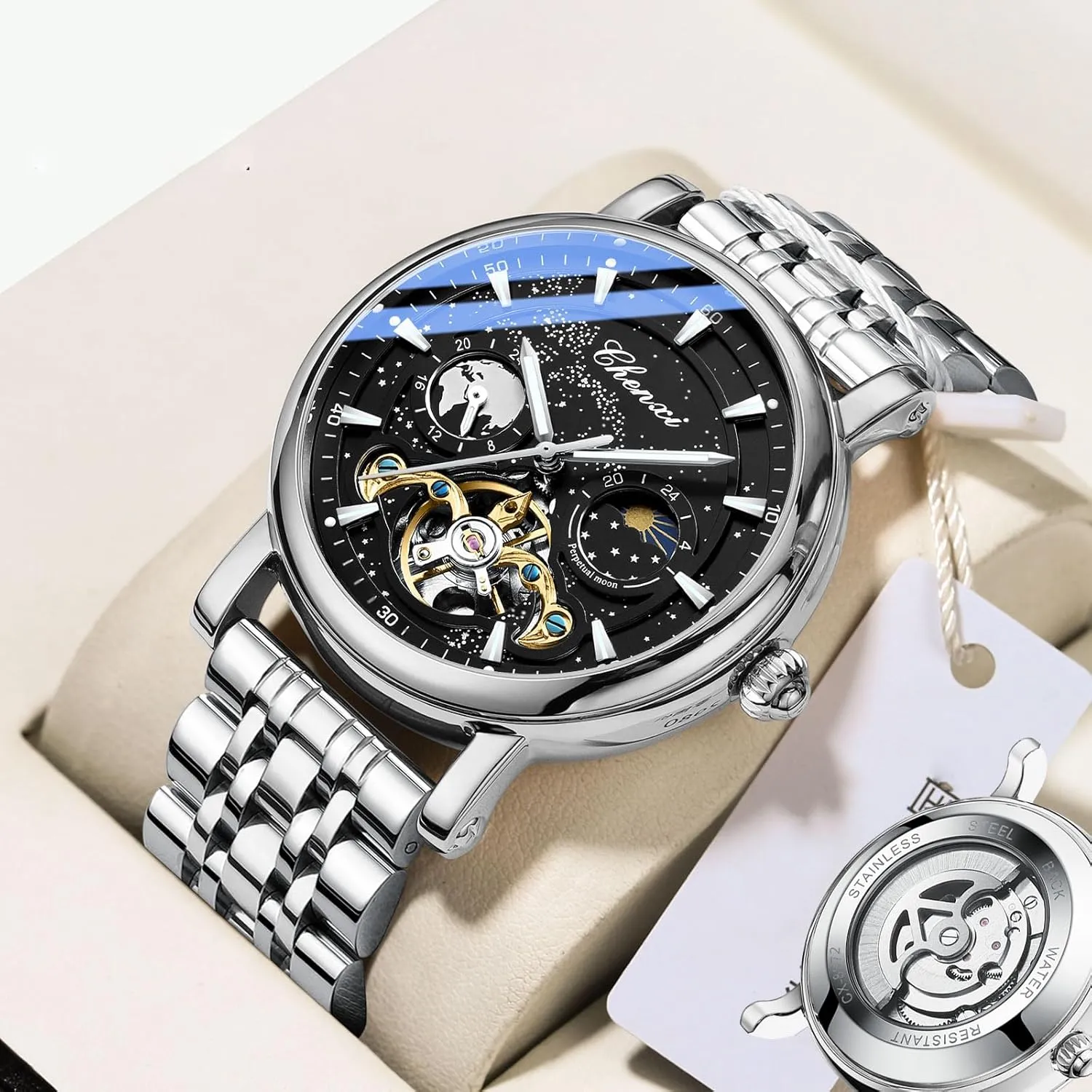 Luxury Mens Automatic Watch Luminous Starry Sky Dial Tourbillon Silver Stainless Steel Case Leather Strap 12/24 Hours Waterproof Moon Phase Watches