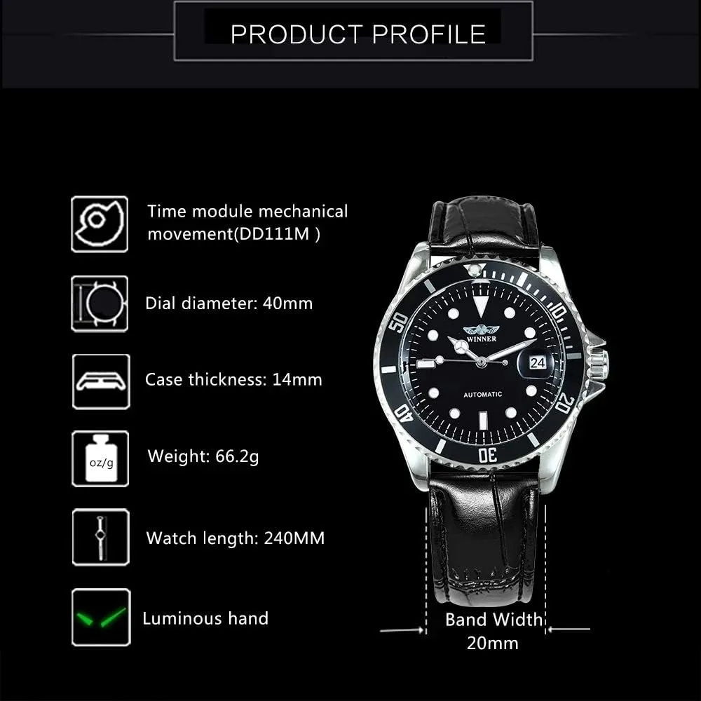 MASTOPMen's Automatic Mechanical Watches Leather Strap Calendar Waterproof Men Luxury Wristwatches