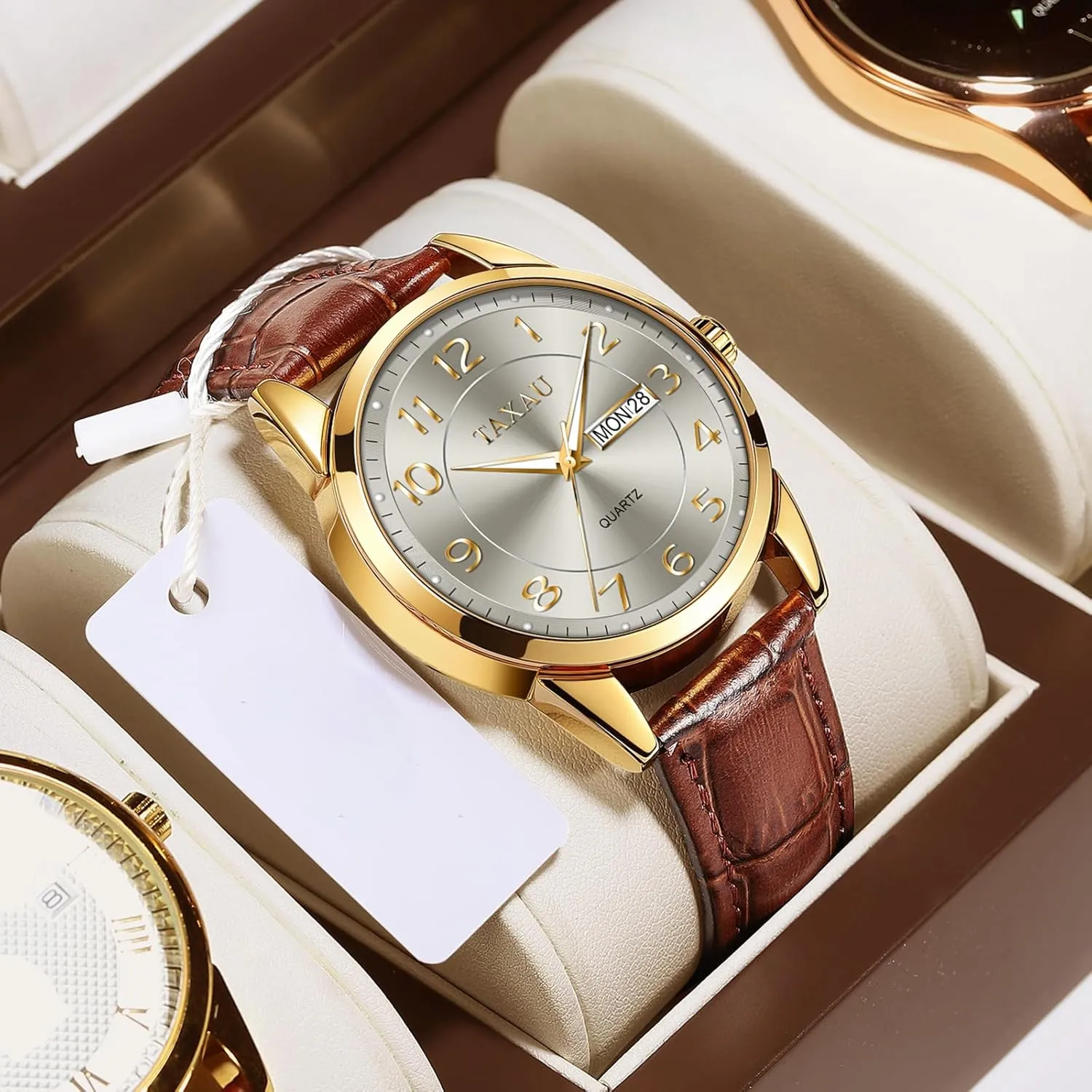 Men Dress Watch Waterproof Leather Watches for Men with Day Date Luxury Large Arabic Numerals Analog Quartz Classic Leather Watch Easy Read relojes para Hombres
