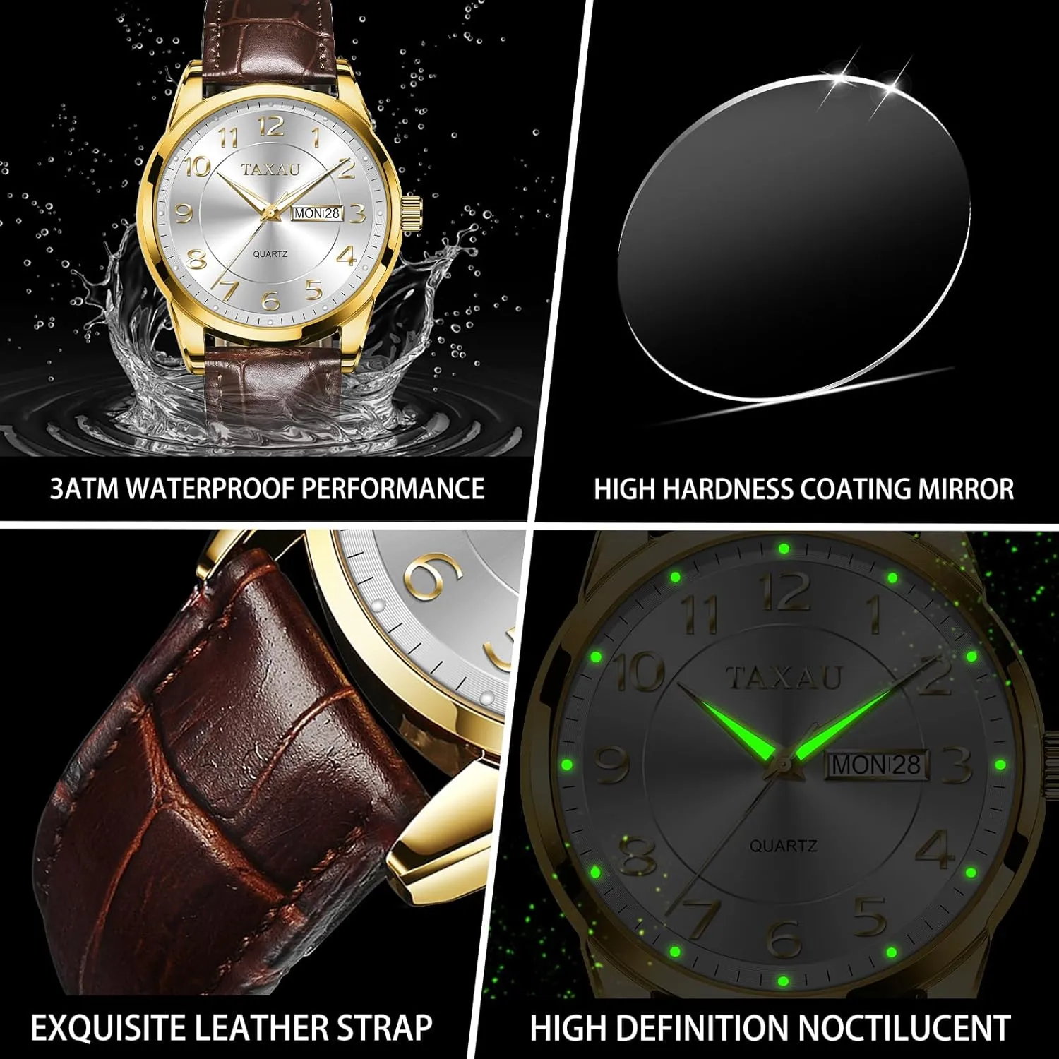 Men Dress Watch Waterproof Leather Watches for Men with Day Date Luxury Large Arabic Numerals Analog Quartz Classic Leather Watch Easy Read relojes para Hombres
