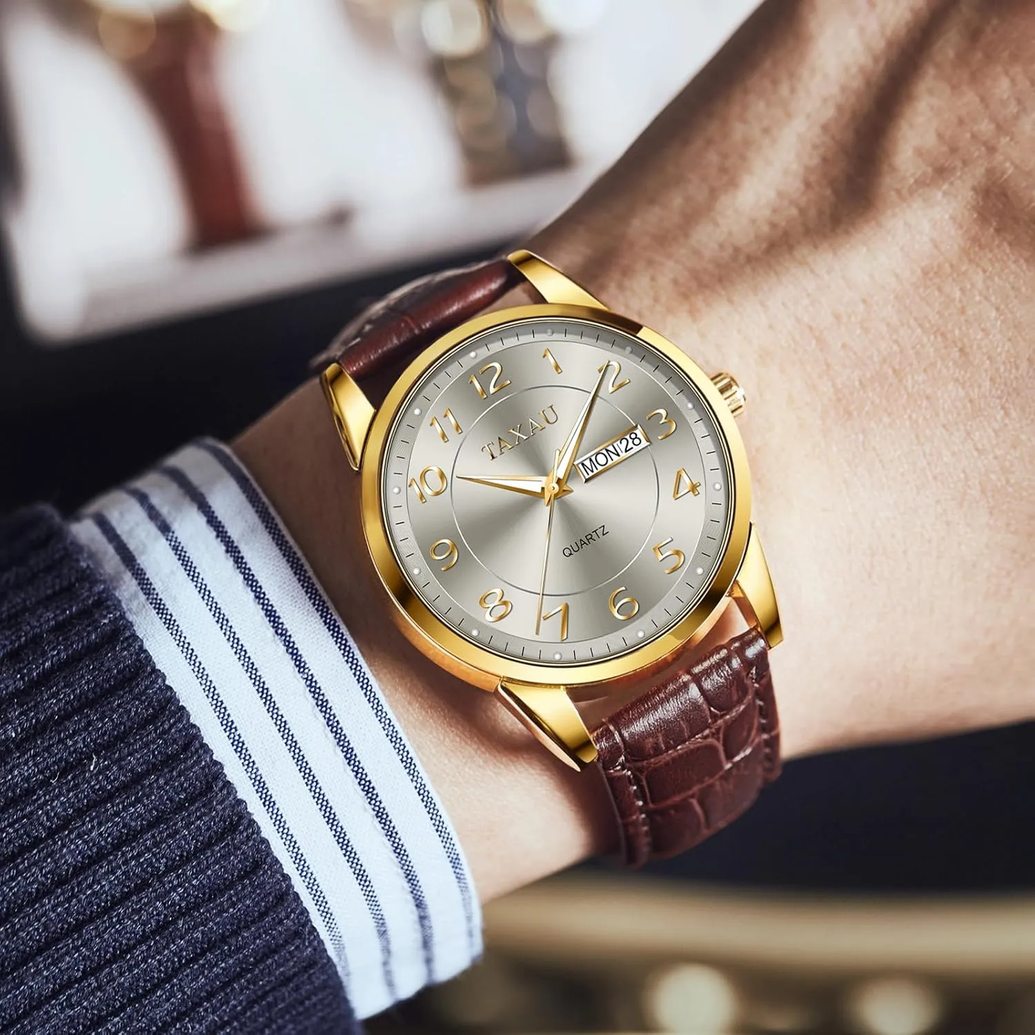 Men Dress Watch Waterproof Leather Watches for Men with Day Date Luxury Large Arabic Numerals Analog Quartz Classic Leather Watch Easy Read relojes para Hombres