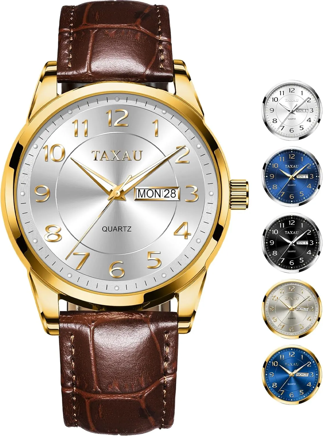 Men Dress Watch Waterproof Leather Watches for Men with Day Date Luxury Large Arabic Numerals Analog Quartz Classic Leather Watch Easy Read relojes para Hombres