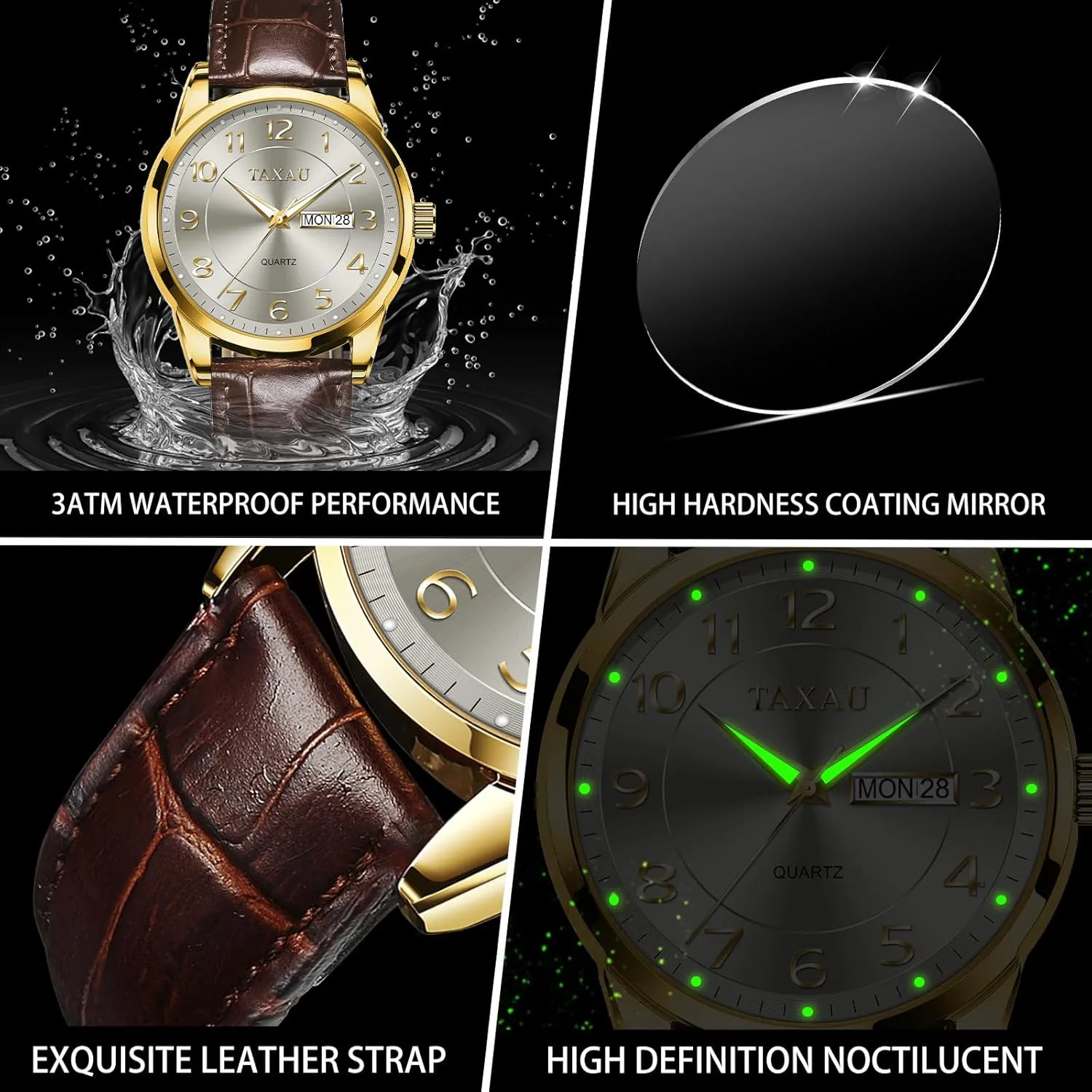Men Dress Watch Waterproof Leather Watches for Men with Day Date Luxury Large Arabic Numerals Analog Quartz Classic Leather Watch Easy Read relojes para Hombres