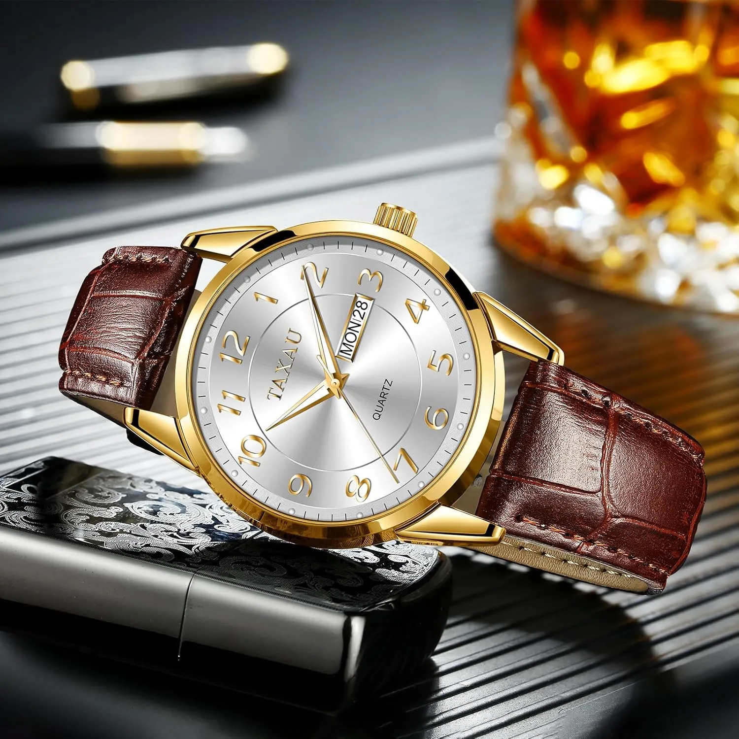 Men Dress Watch Waterproof Leather Watches for Men with Day Date Luxury Large Arabic Numerals Analog Quartz Classic Leather Watch Easy Read relojes para Hombres