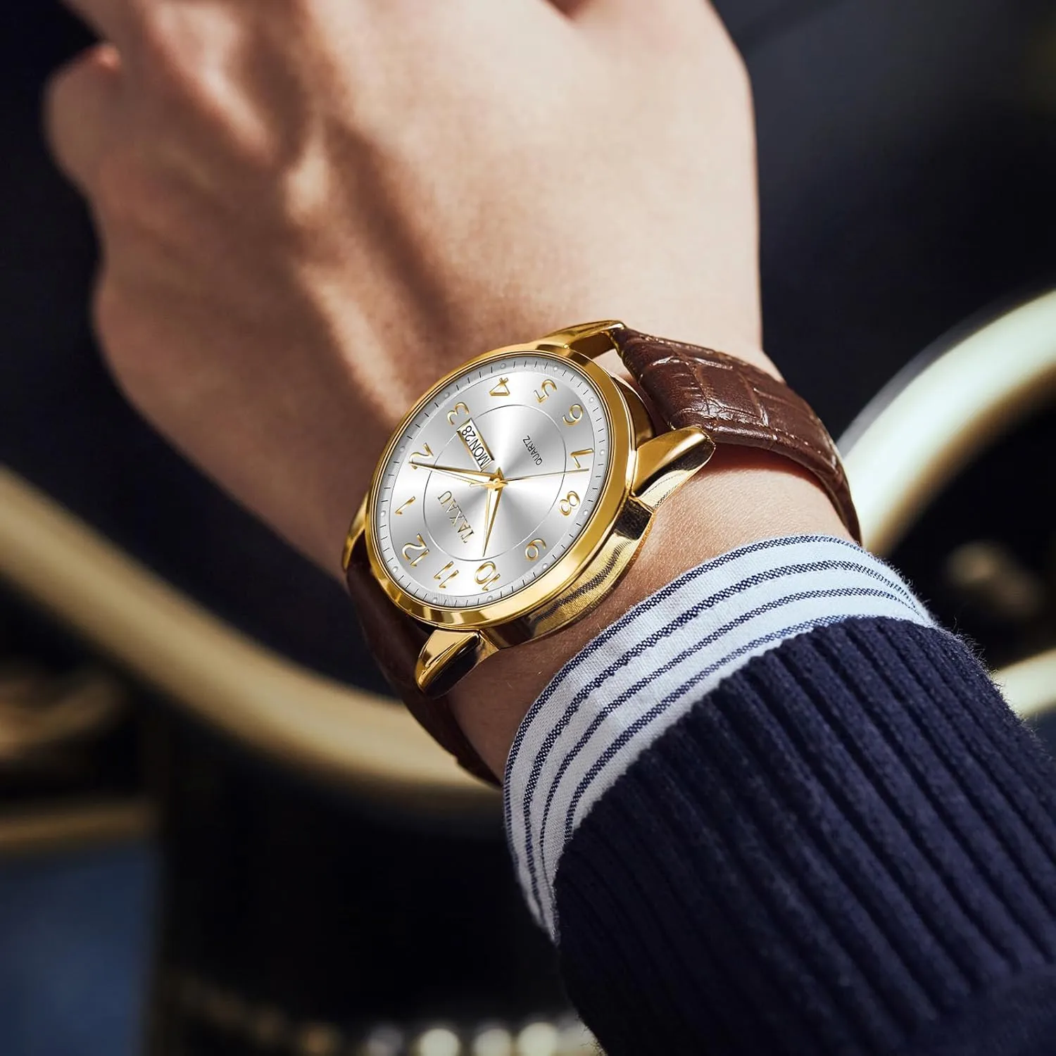 Men Dress Watch Waterproof Leather Watches for Men with Day Date Luxury Large Arabic Numerals Analog Quartz Classic Leather Watch Easy Read relojes para Hombres
