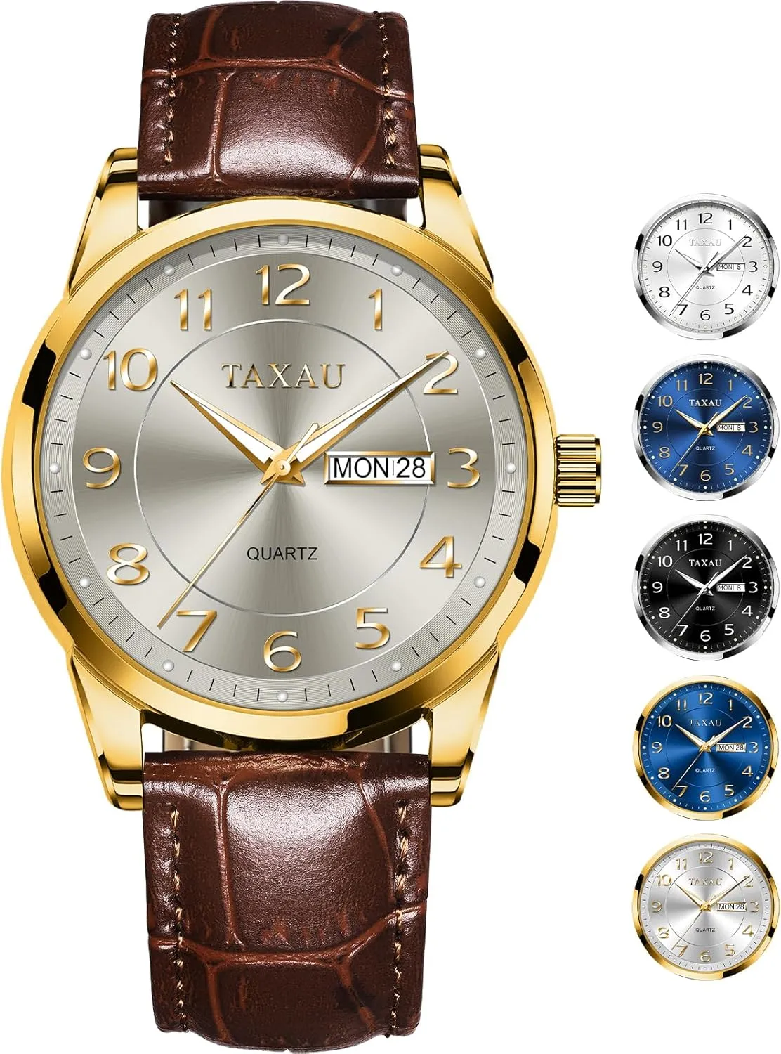 Men Dress Watch Waterproof Leather Watches for Men with Day Date Luxury Large Arabic Numerals Analog Quartz Classic Leather Watch Easy Read relojes para Hombres