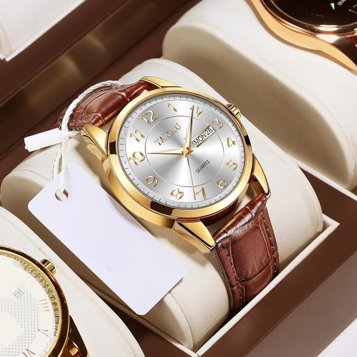 Men Dress Watch Waterproof Leather Watches for Men with Day Date Luxury Large Arabic Numerals Analog Quartz Classic Leather Watch Easy Read relojes para Hombres