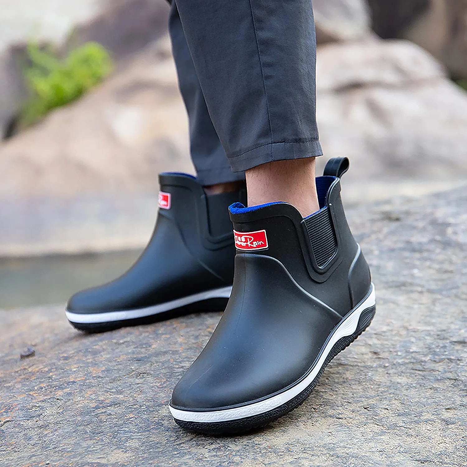 Mens Ankle Rain Boots Waterproof Chelsea Boots Slip-On Garden Work Shoes Rain Footwear