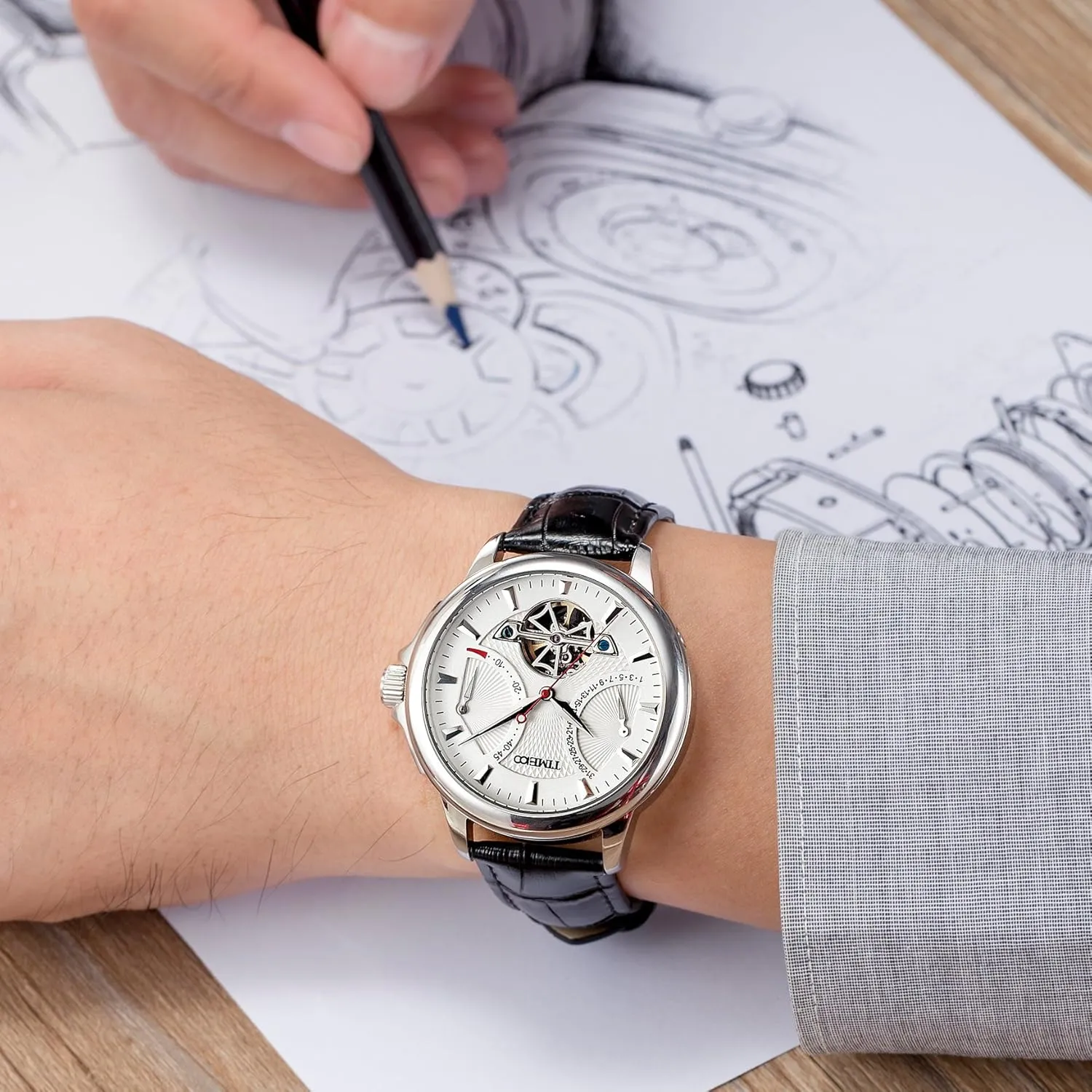 Men's Automatic Watch Navigator-Series Tourbillon-Style Dual Time Zone Business Calendar Mechanical Watch Leather Strap