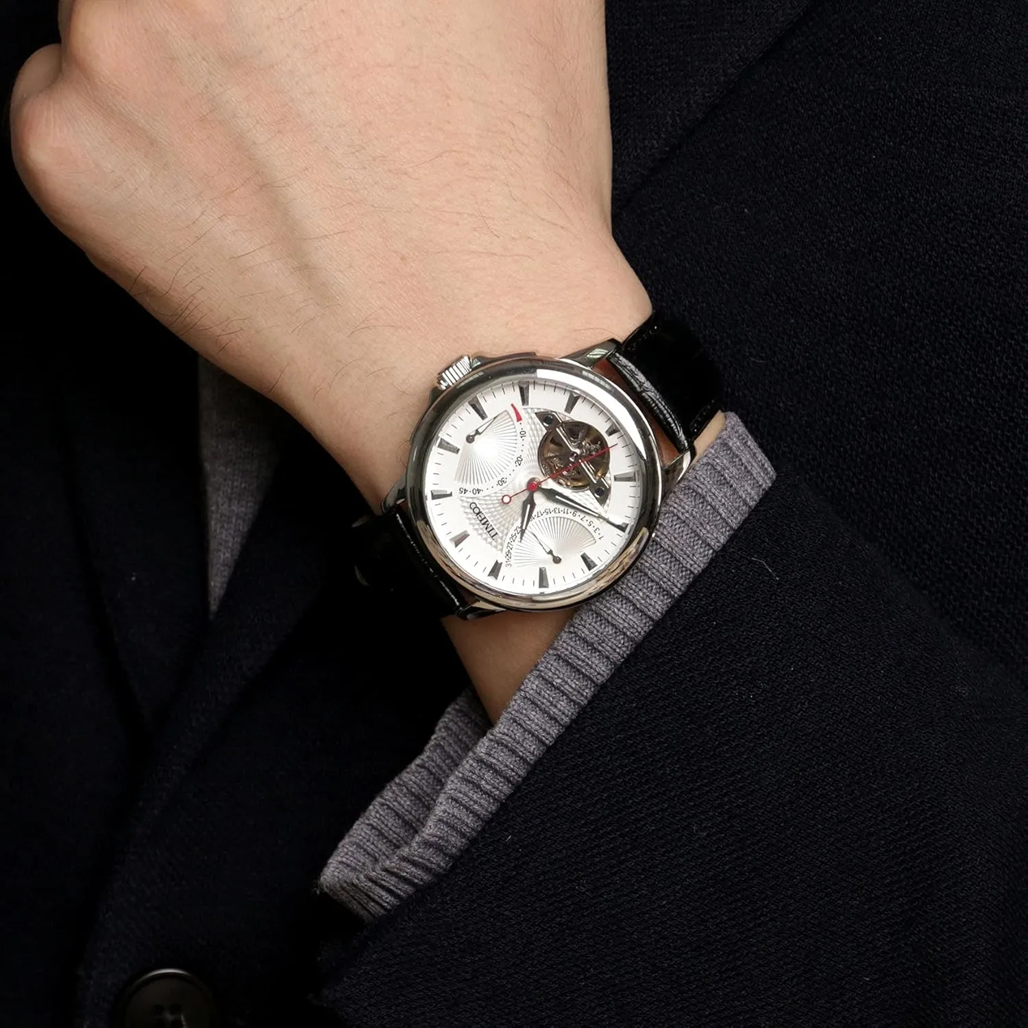 Men's Automatic Watch Navigator-Series Tourbillon-Style Dual Time Zone Business Calendar Mechanical Watch Leather Strap