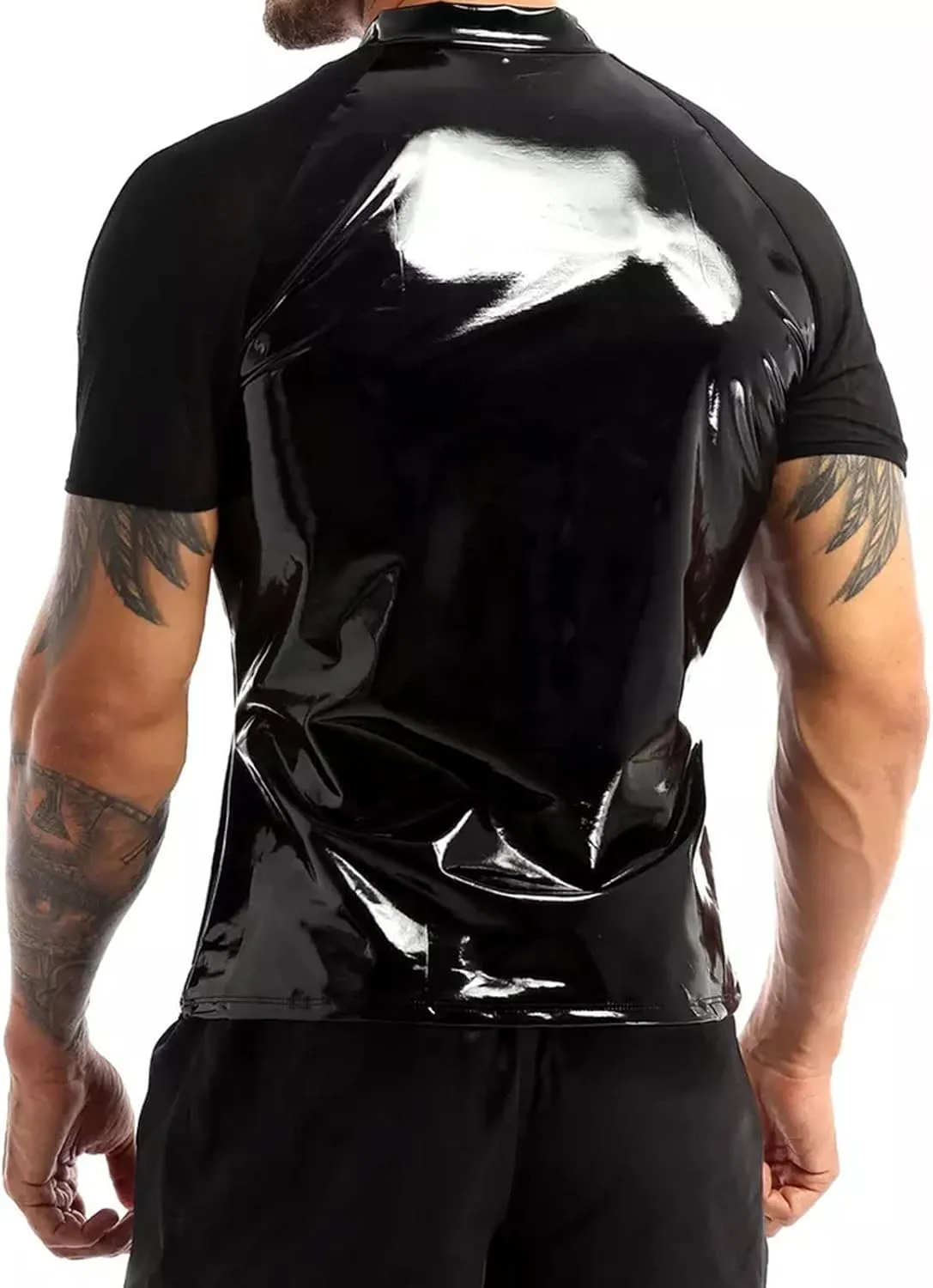 Men's Black Leather Tshirt Short Sleeve PVC Tunic & Sleeveless Tank Top